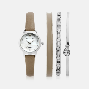 TAHARI - Round Analog Women's Watch 23 mm with Diamond Bangles Sets - Tan/Silver
